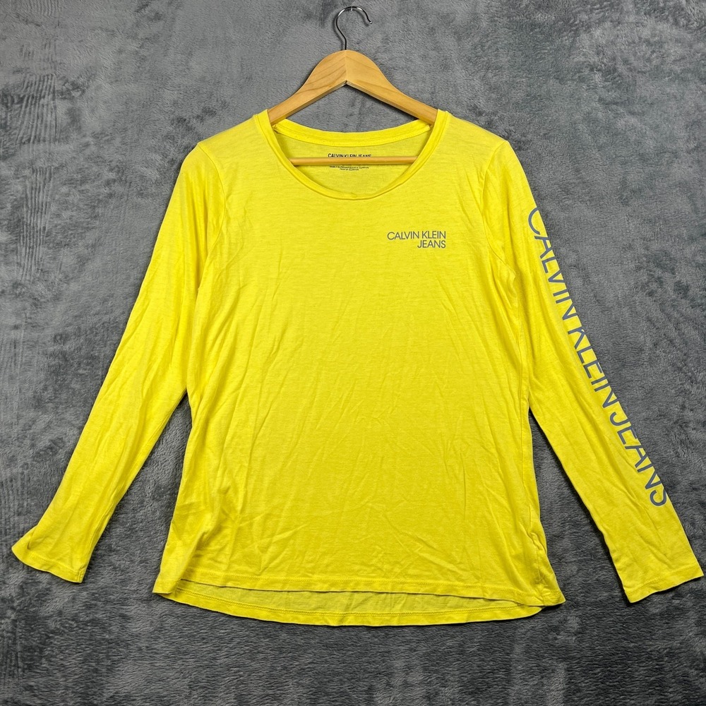 Calvin Klein Jeans Top Womens Medium Lime Yellow Long Sleeve Round Neck Pullover